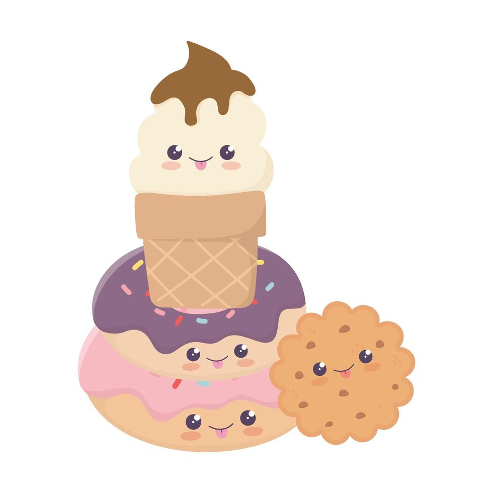 schattig zoet donut koekje ijs kawaii stripfiguur vector