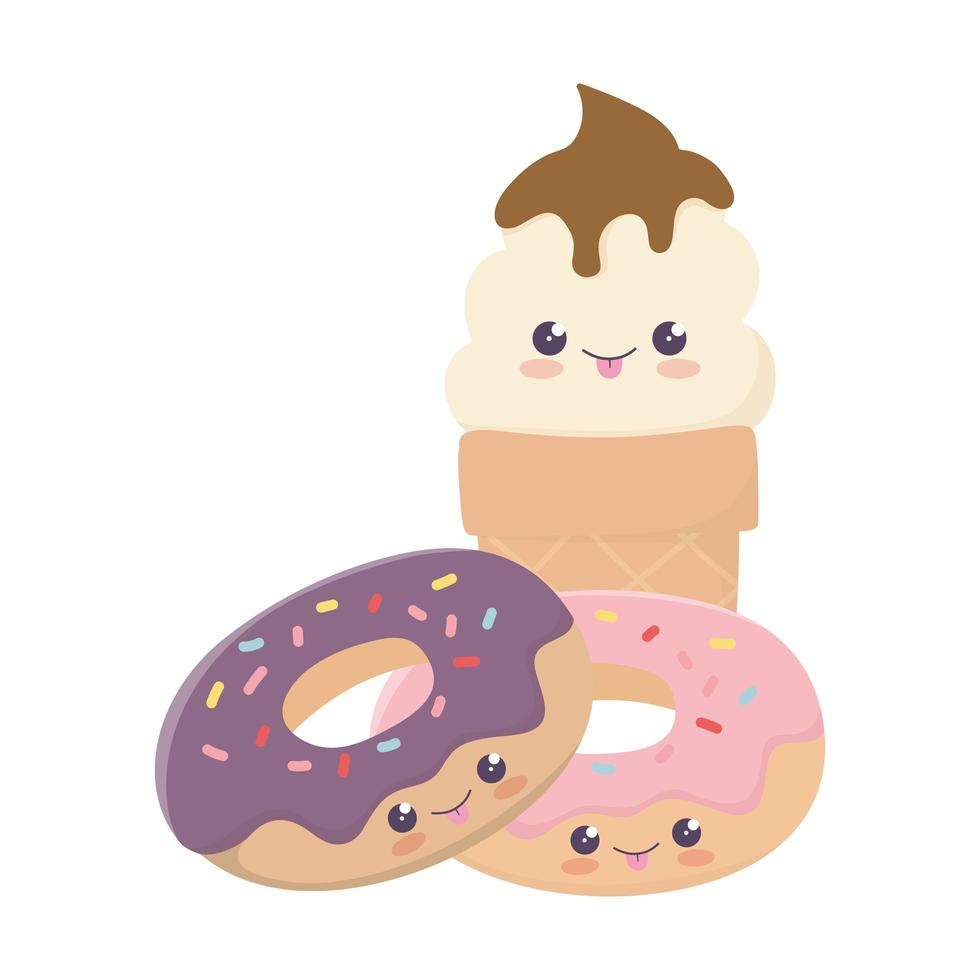 schattige zoete donuts en ijs kawaii stripfiguur vector