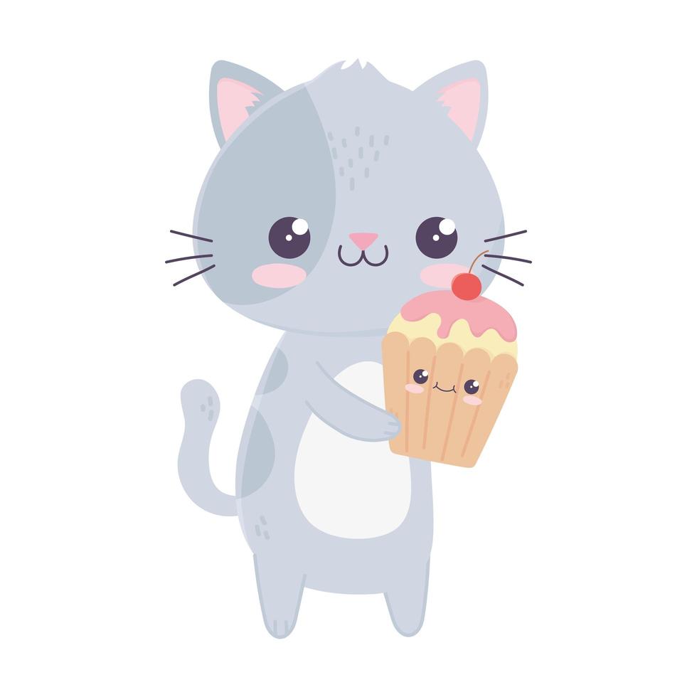 schattige kleine kat en cupcake kawaii stripfiguur vector