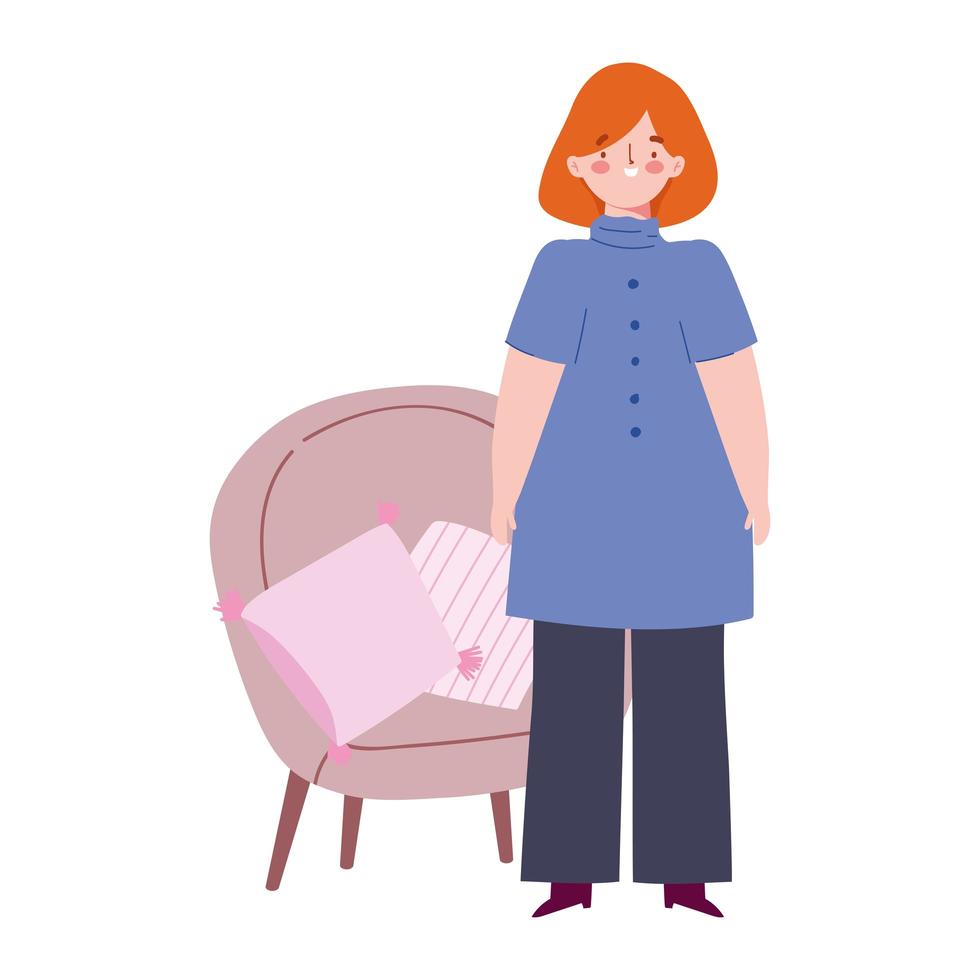 jonge vrouw met stoel en geïsoleerde pictogram ontwerp vector