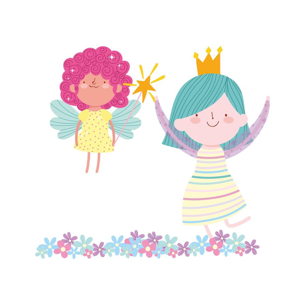 kleine sprookjesprinses met toverstaf en meisje met kroon bloemen verhaal cartoon vector