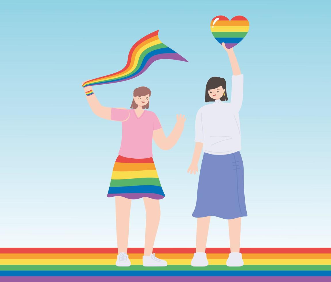 lgbtq-gemeenschap, jonge vrouwen met regenbooghart en vlagviering, homoparade protest tegen seksuele discriminatie vector