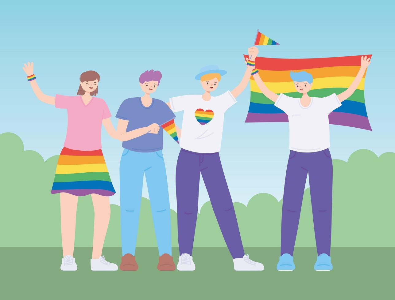 lgbtq-gemeenschap, mensen knuffelen met een regenboogvlag, homoparade protest tegen seksuele discriminatie vector