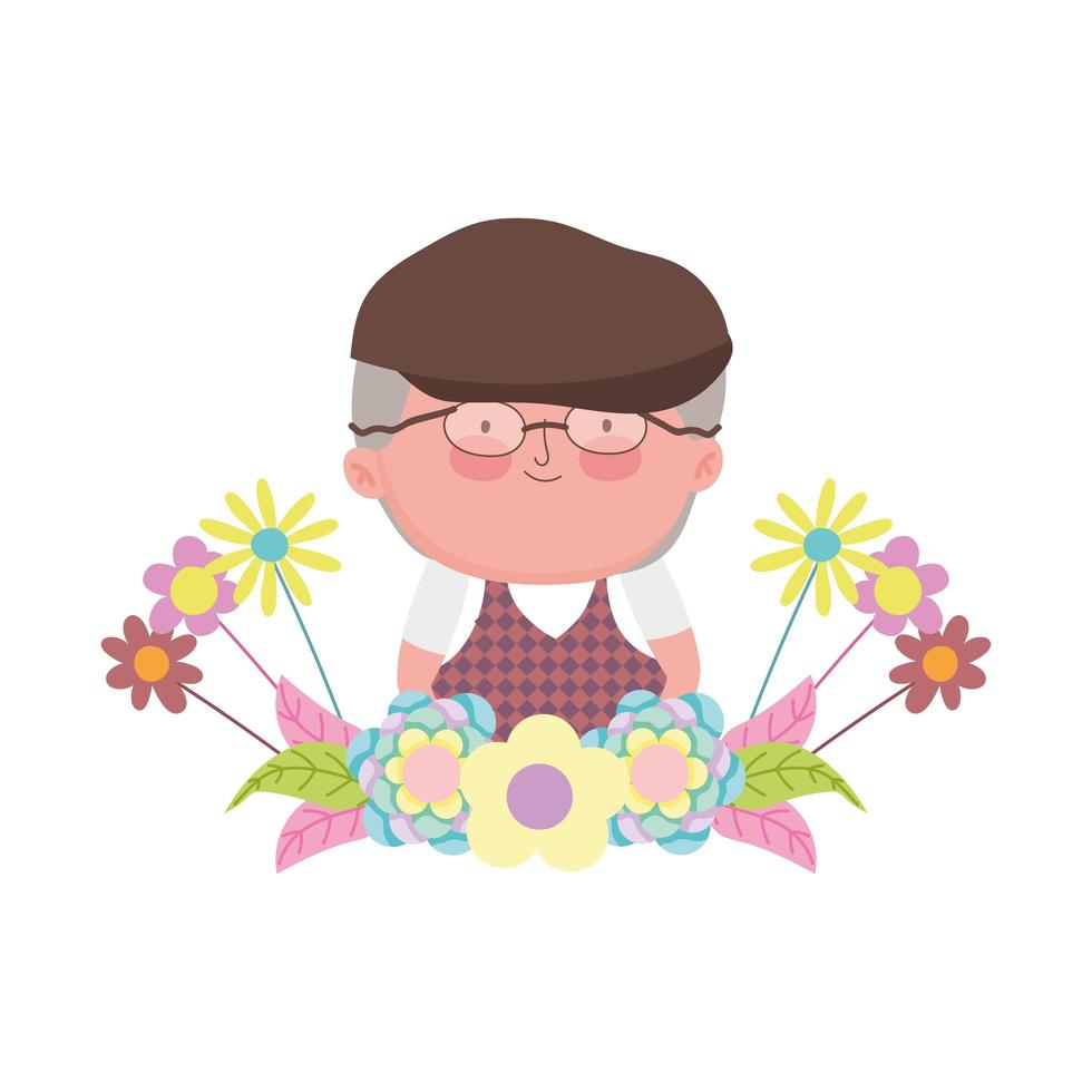 grootouders dag, schattige grootvader stripfiguur bloemen gebladerte decoratie vector