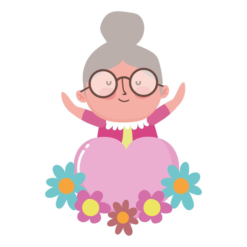 grootouders dag, grootmoeder hart liefde bloemen cartoon decoratie vector