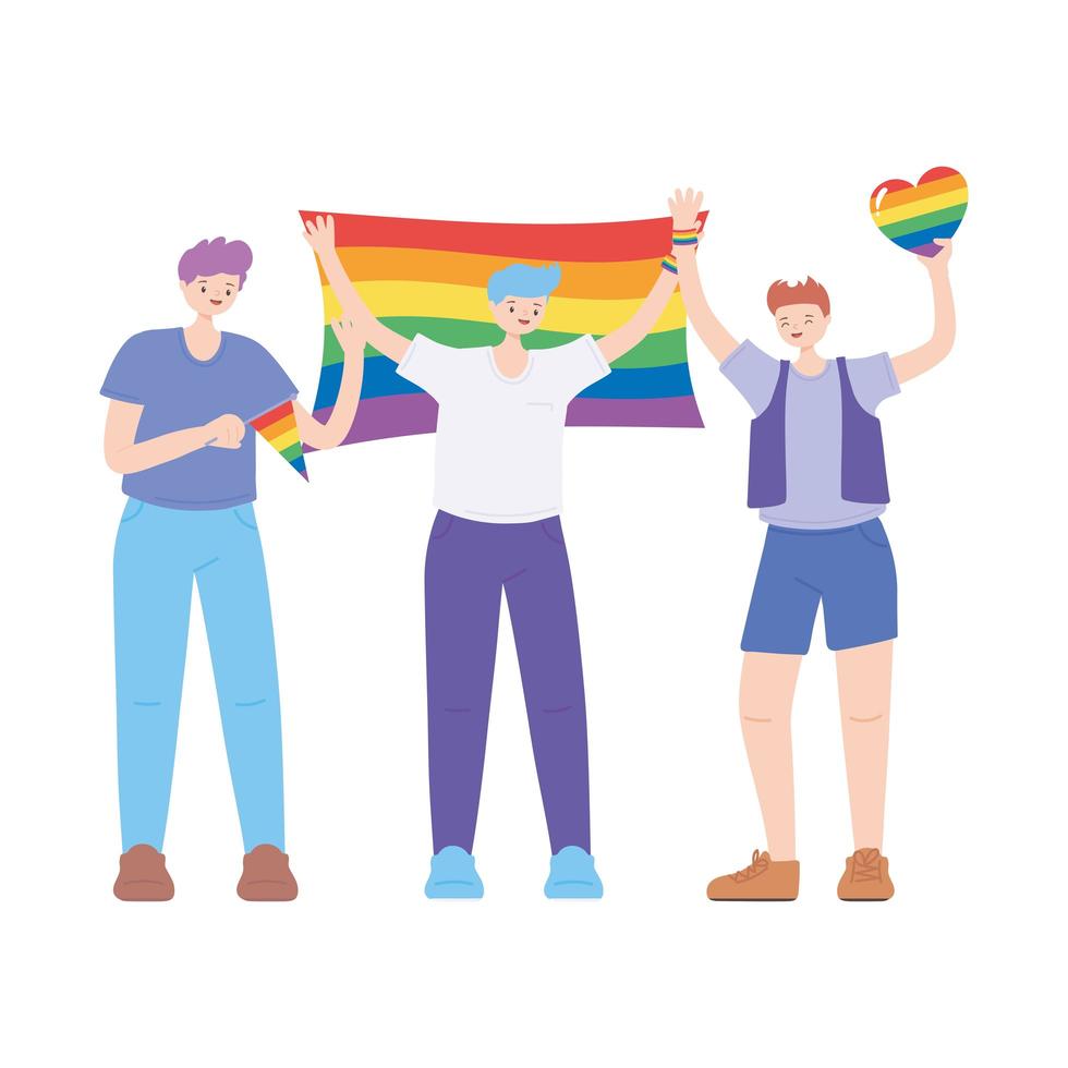 lgbtq-gemeenschap, jongemannenkarakter met regenboogvlaggen en hart, homoparade protest tegen seksuele discriminatie vector
