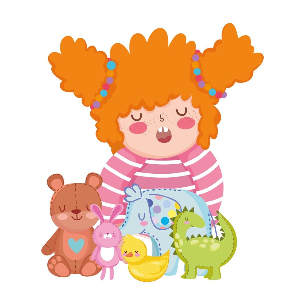 speelgoedobject voor kleine kinderen om cartoon te spelen, klein meisje met schattige beer konijn dinosaurus olifant en eend vector