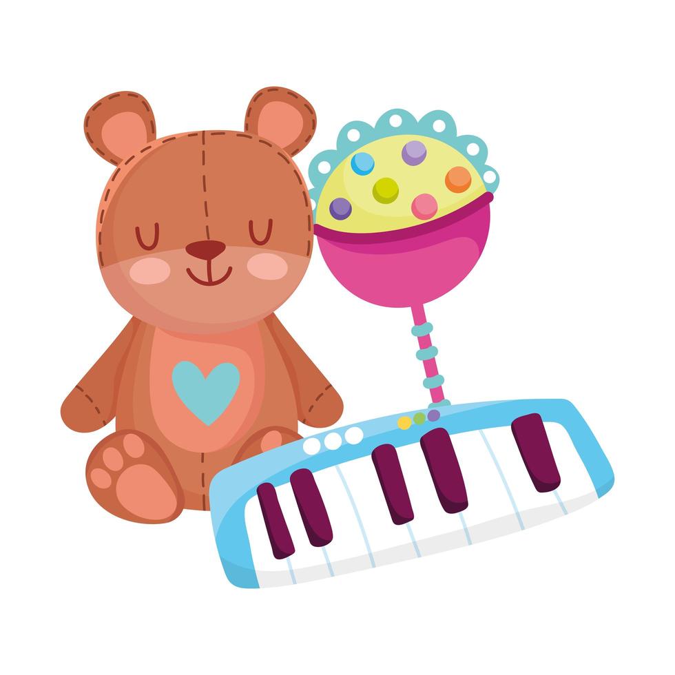 speelgoedobject voor kleine kinderen om cartoon, teddybeerrammelaar en pianotoetsenbord te spelen vector