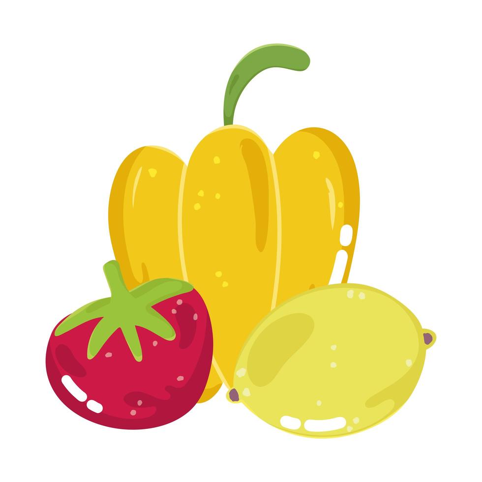 voedselingrediënten menu verse cartoon gele paprika tomaat en citroen vector