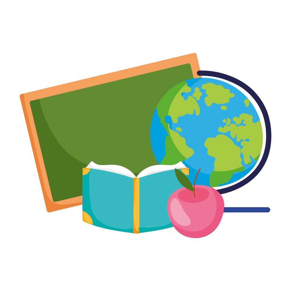 terug naar school, schoolbord globe boek en appel basisonderwijs cartoon vector