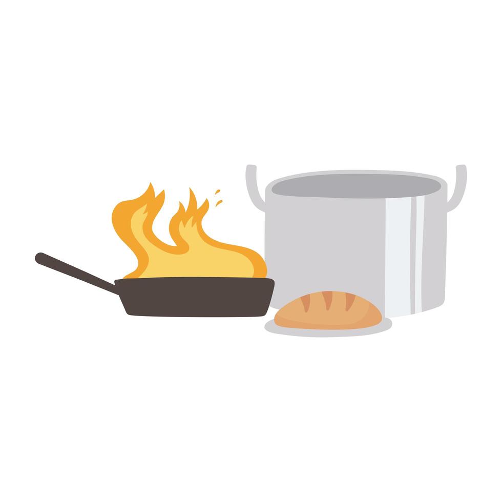 keuken pot brood en steelpan met vlam geïsoleerde pictogram ontwerp witte achtergrond vector