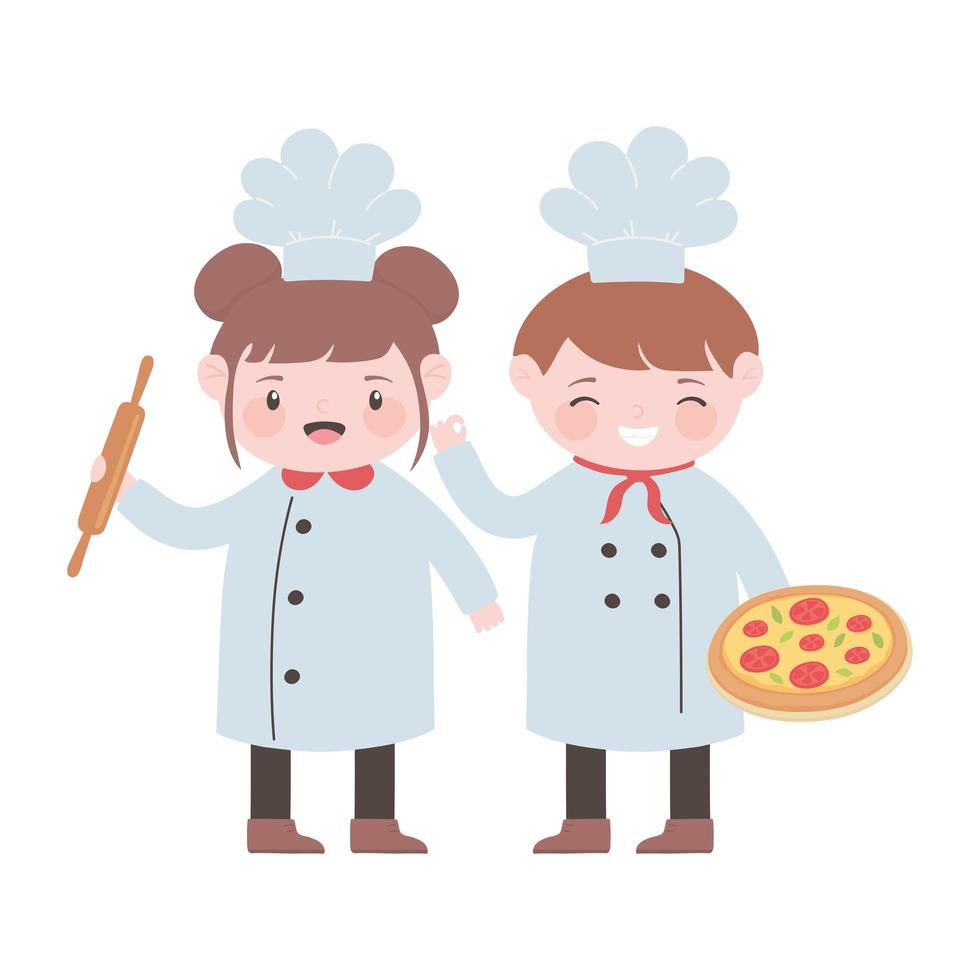 chef-koks jongen en meisje met pizza en deegroller stripfiguur vector