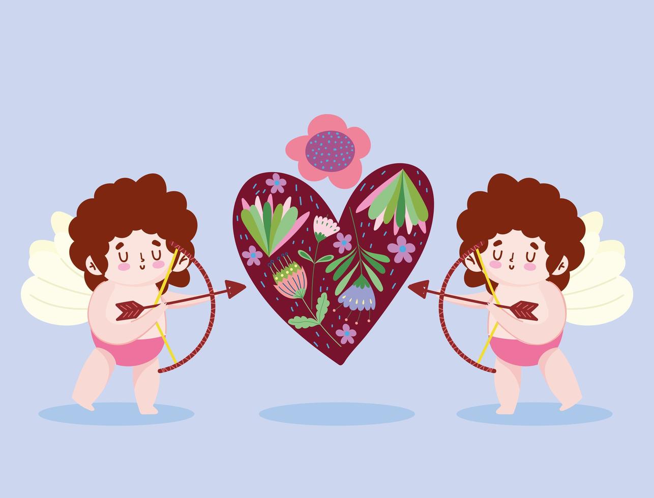 hou van kleine cupido's schieten pijl hart bloemen romantische cartoon vector