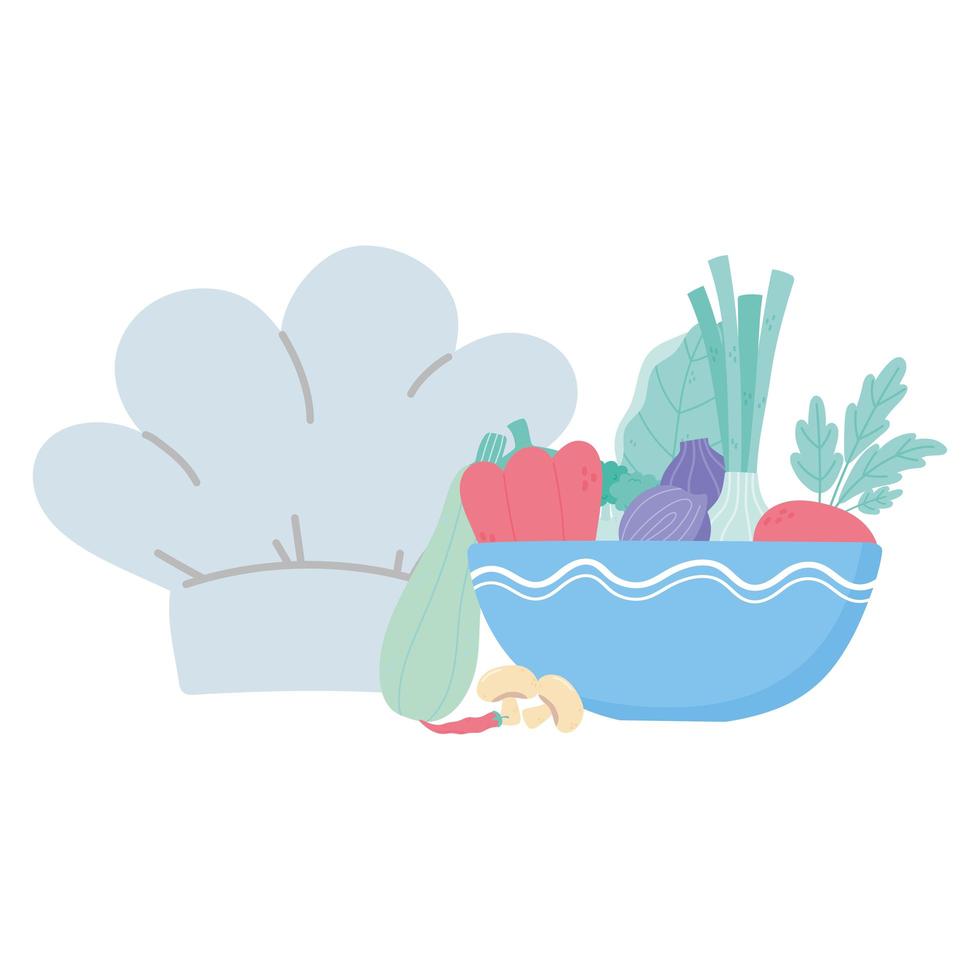 voedsel verse chef-kok hoed groenten in schotel geïsoleerde pictogram ontwerp witte achtergrond vector