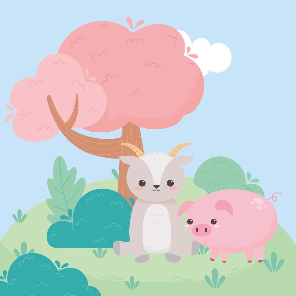 schattige geit zitten en varken boom struiken gras tekenfilm dieren in een natuurlijk landschap vector