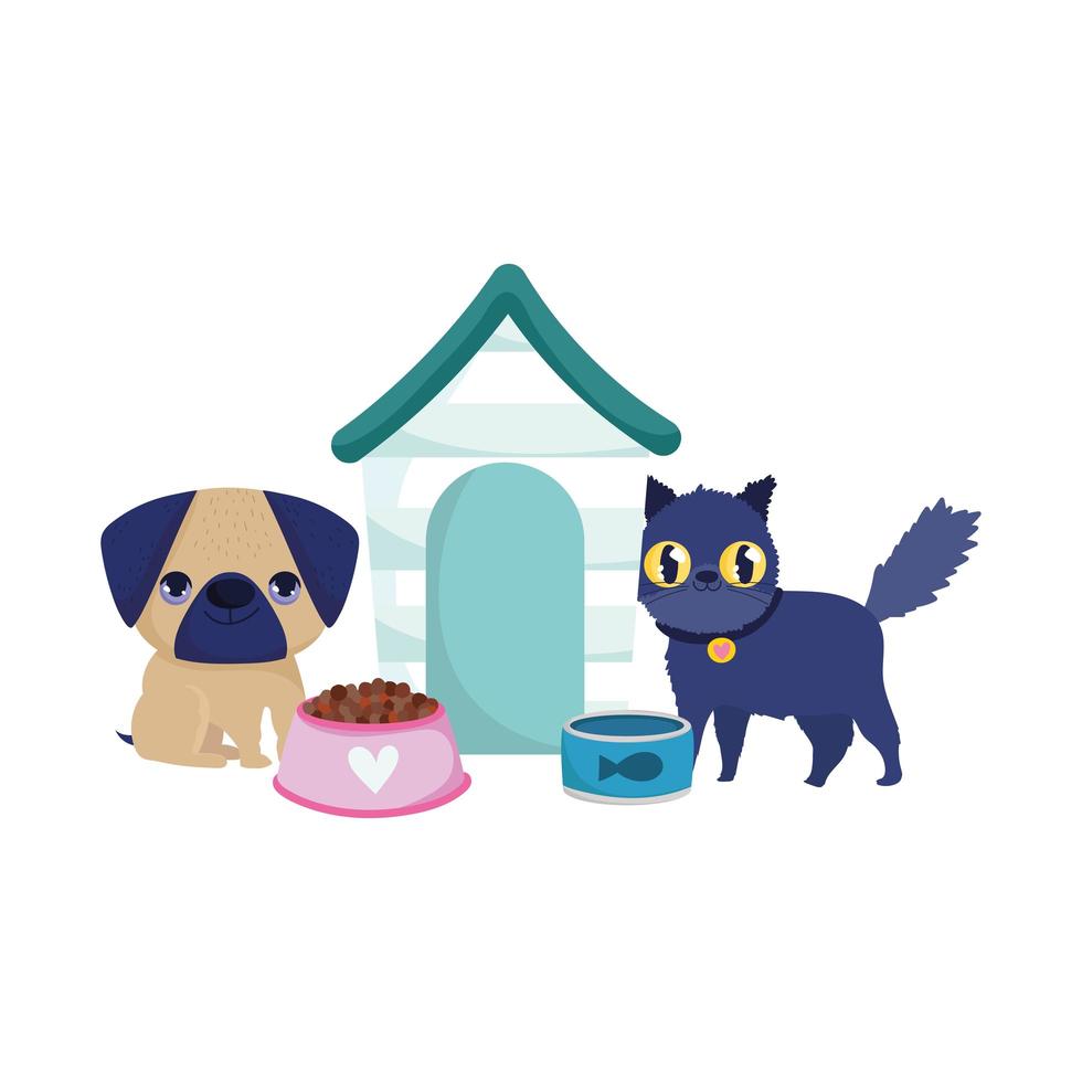 dierenwinkel, kleine hond en kat met kommenvoedsel en houten huizen dierlijk binnenlands beeldverhaal vector