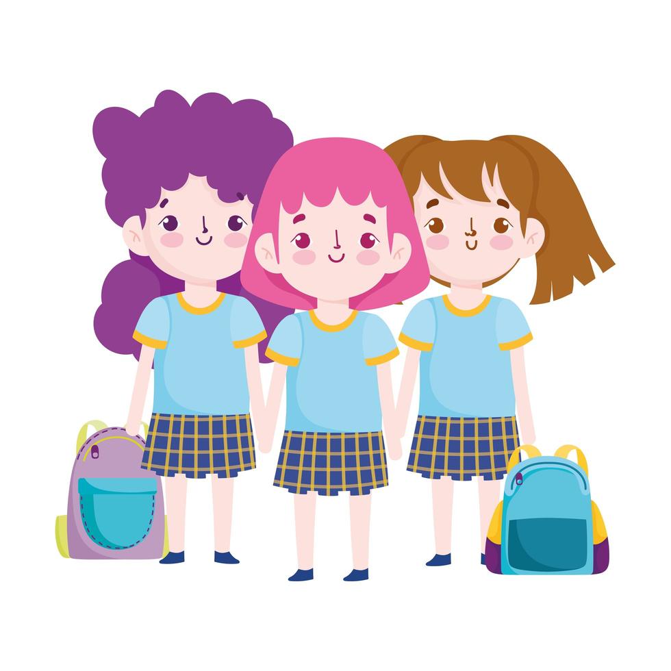 terug naar school, schattige kleine meisjes met uniform en rugzakken cartoon basisonderwijs vector