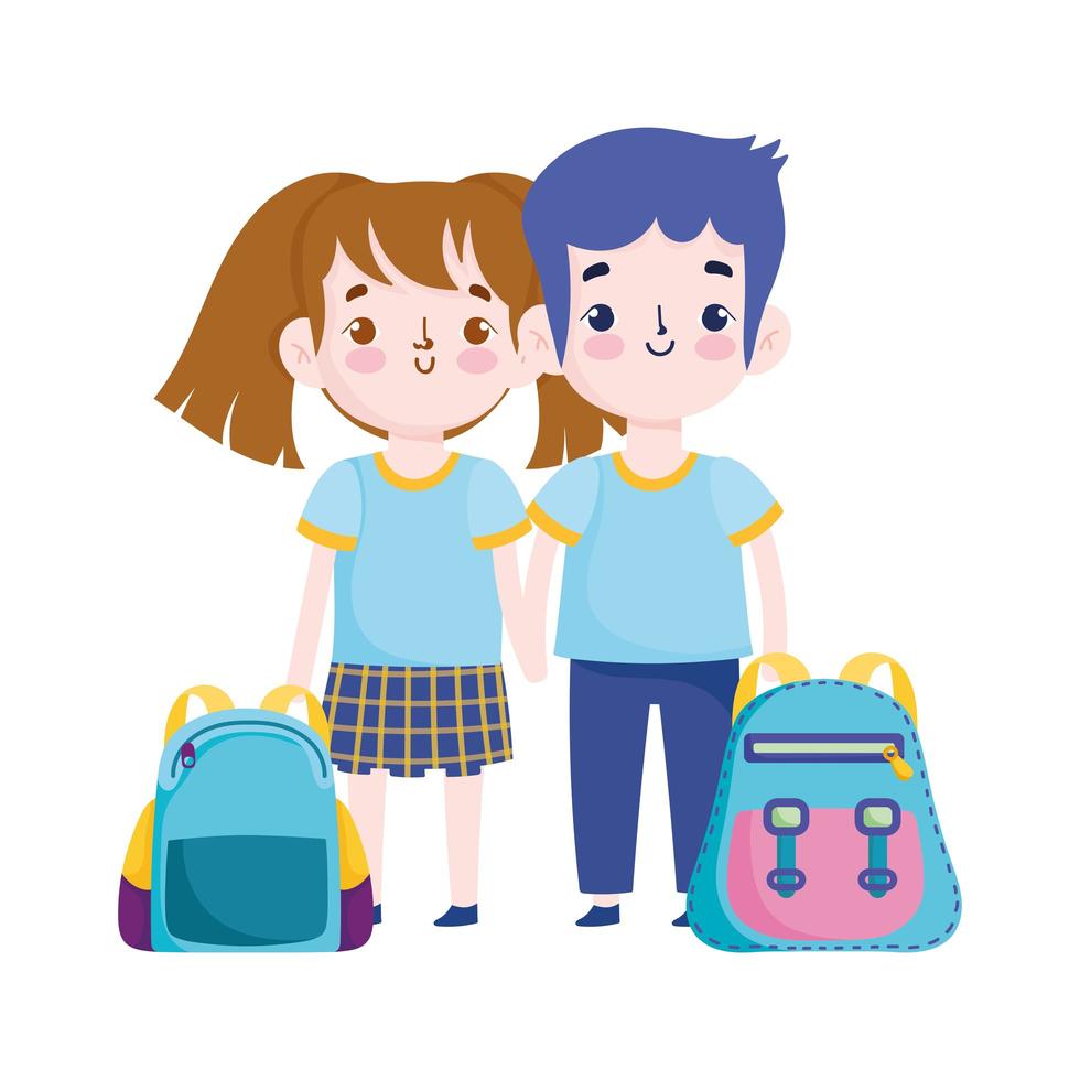 terug naar school, student jongen en meisje rugzakken basisonderwijs cartoon vector