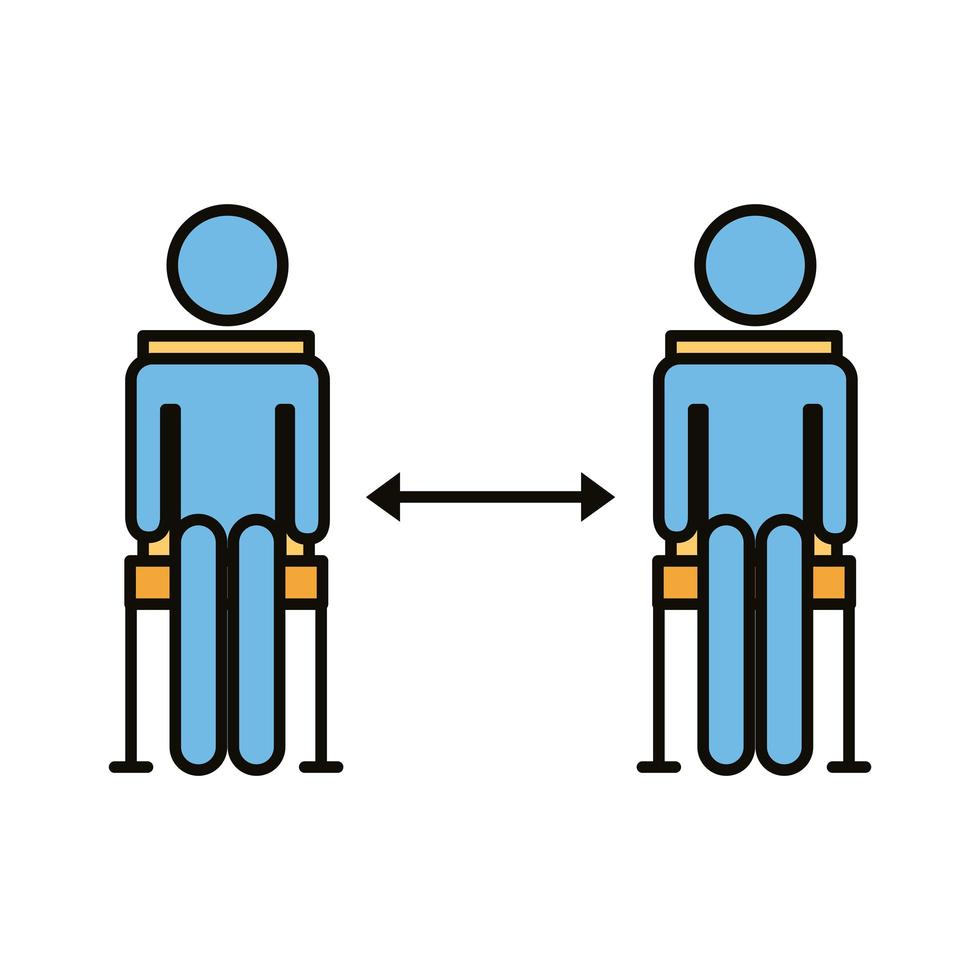 menselijke figuren in stoelen met sociale afstandslijn en opvulstijl vector