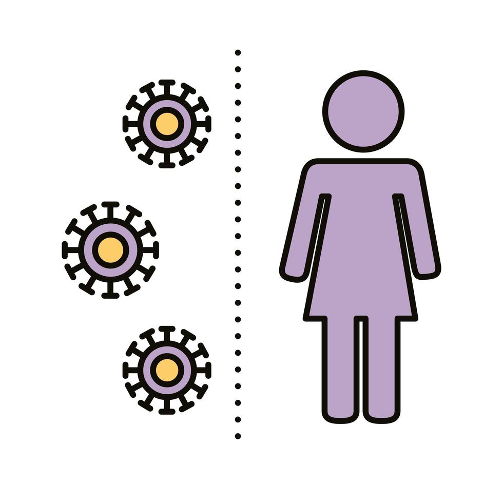 vrouwelijke menselijke figuur met covid19 deeltjes afstand sociale lijn en vulstijl vector