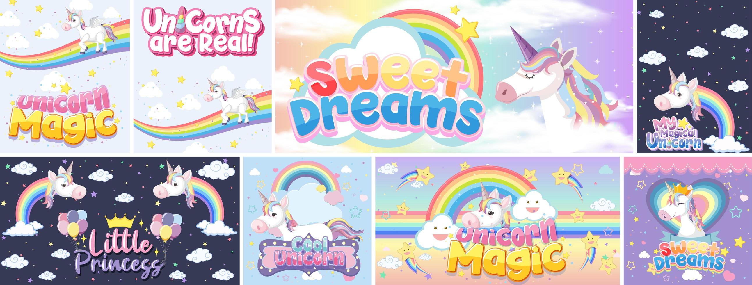 schattige eenhoornbanners op pastel achtergrondkleur vector