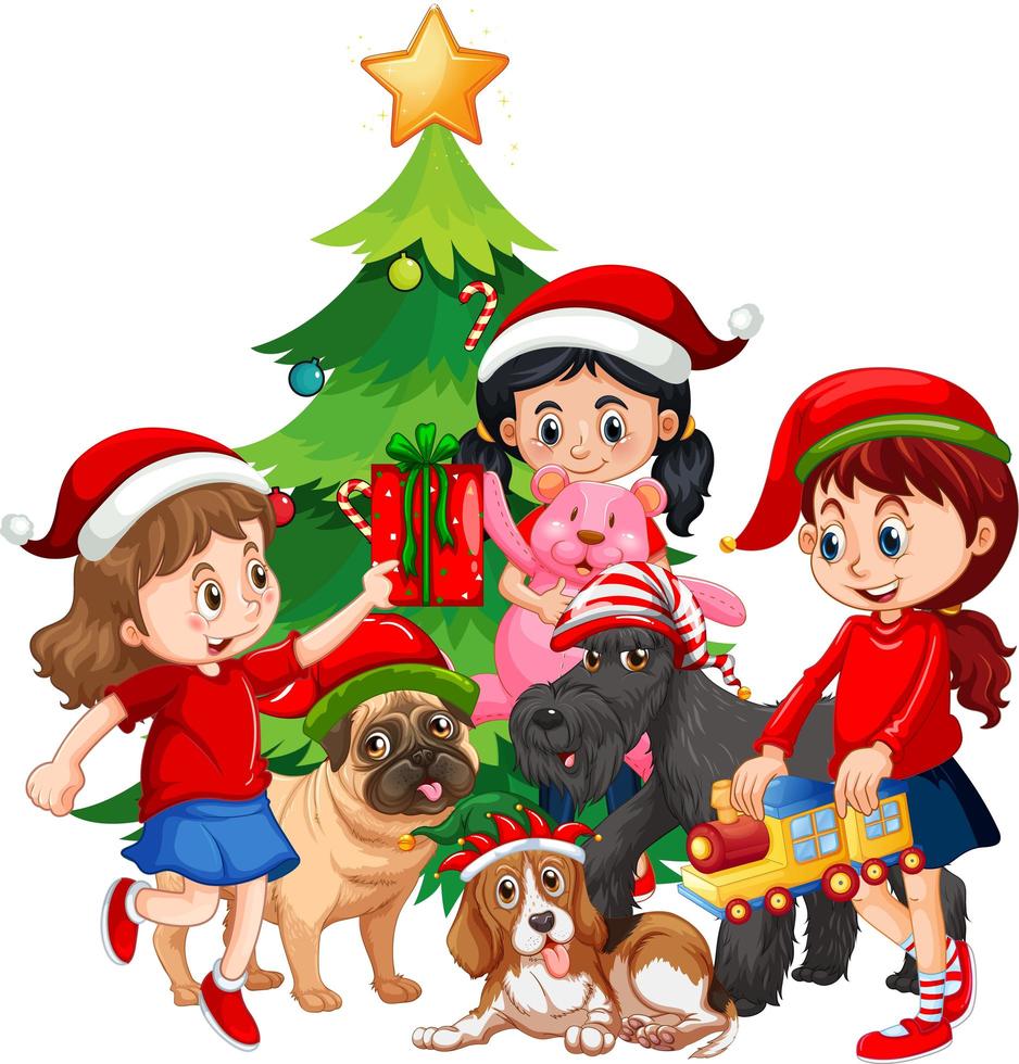 groep kinderen met hun hond met Kerstmiselement op witte achtergrond vector