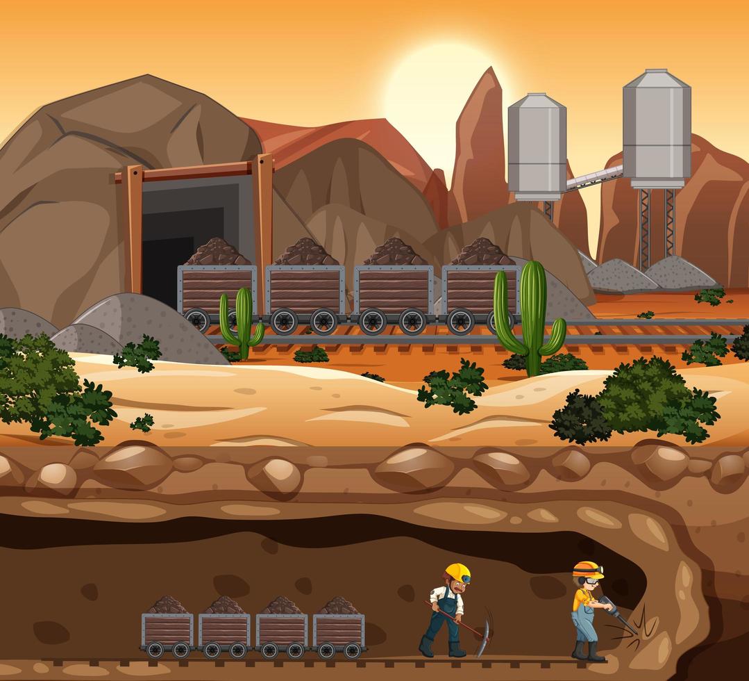 landschap van mijnbouwscène in zonsondergangtijd vector