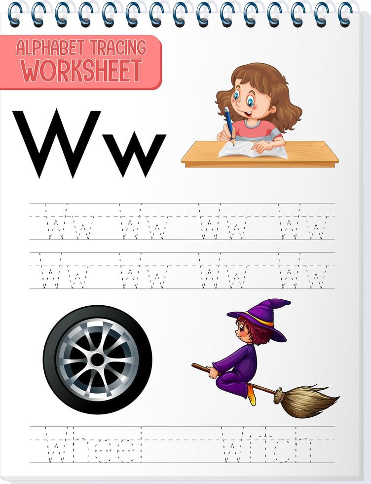 alfabet overtrekken werkblad met letter w en w vector