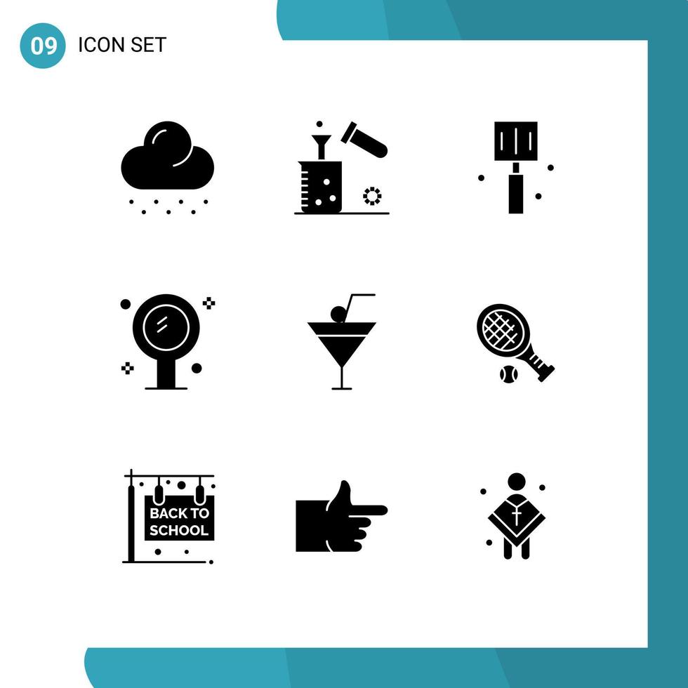 modern reeks van 9 solide glyphs pictogram van drinken spiegel drinken interieur badkamer bewerkbare vector ontwerp elementen