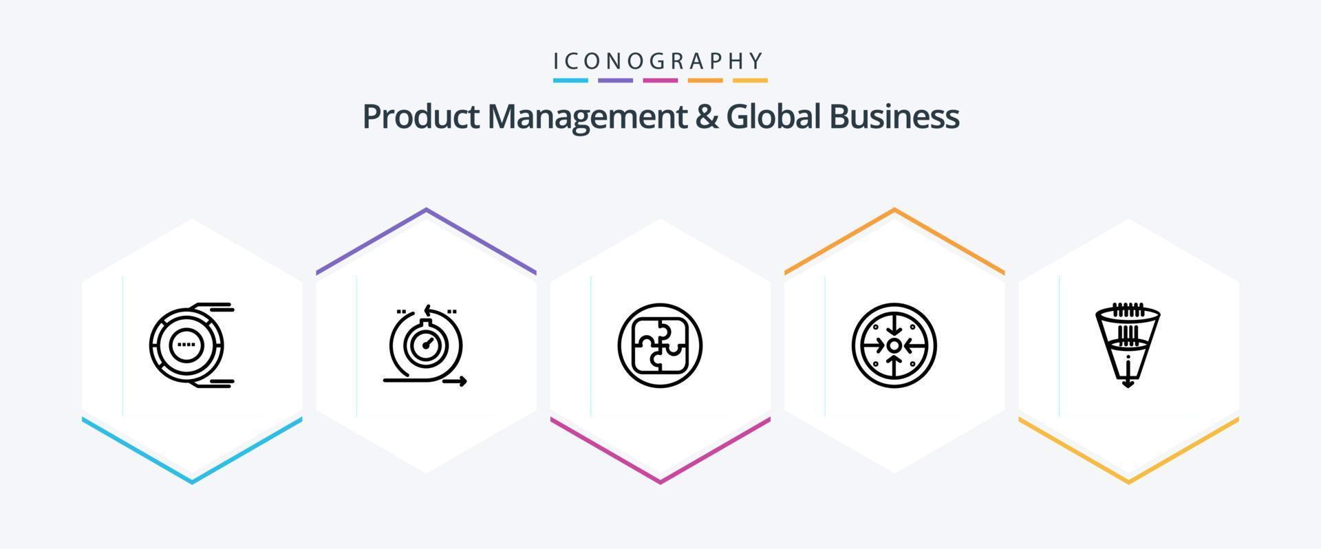 Product beheer en globaal bedrijf 25 lijn icoon pak inclusief operatie. doelen. snel. stadia. planning vector