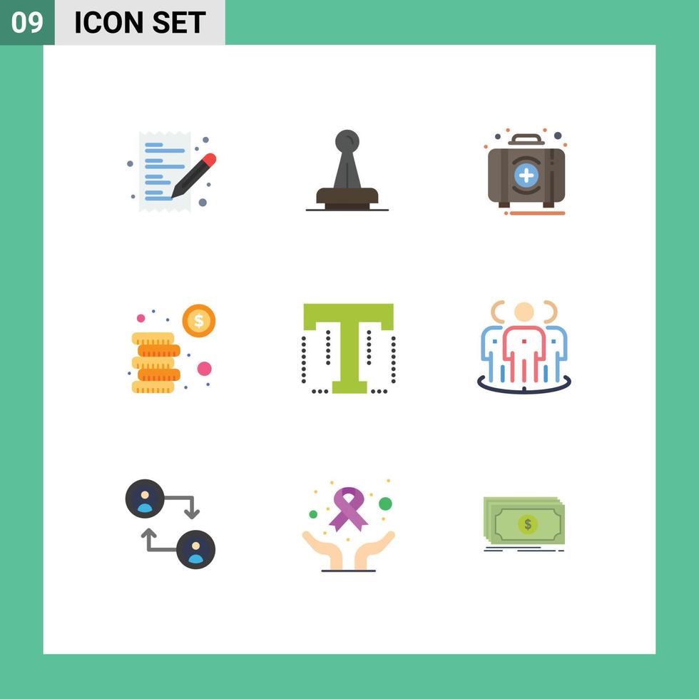 universeel icoon symbolen groep van 9 modern vlak kleuren van munten doos Mark uitrusting noodgeval bewerkbare vector ontwerp elementen