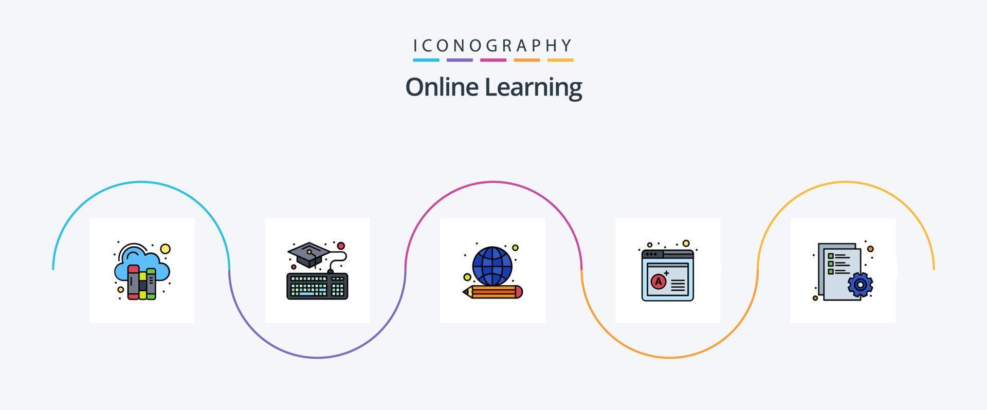 online aan het leren lijn gevulde vlak 5 icoon pak inclusief bewerken. document. onderwijs. website. computer vector