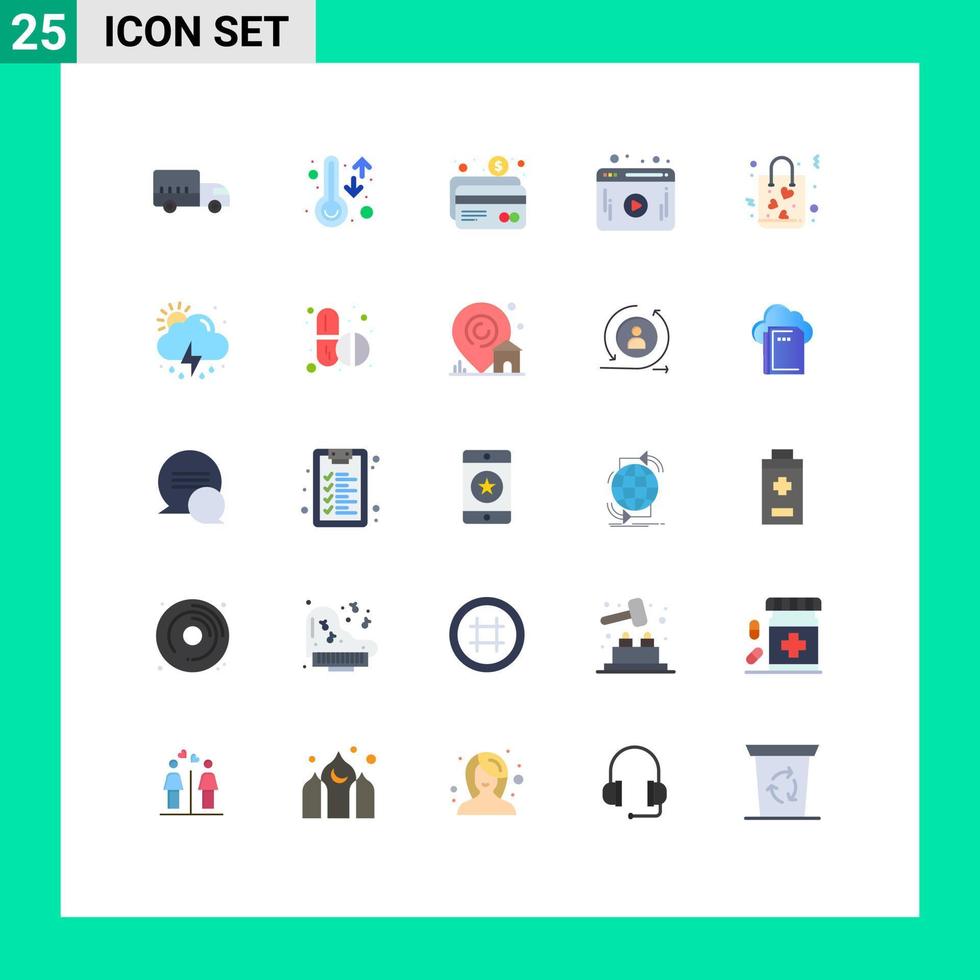 25 vlak kleur concept voor websites mobiel en apps liefde zak Geldautomaat speler video bewerkbare vector ontwerp elementen