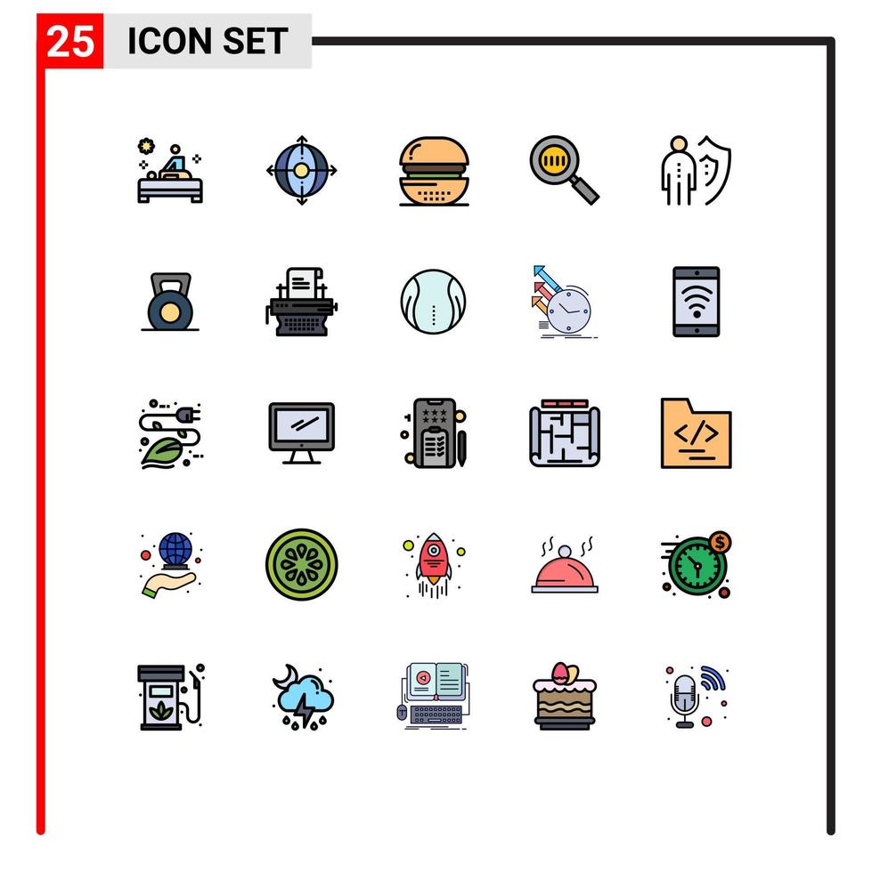 groep van 25 gevulde lijn vlak kleuren tekens en symbolen voor verzekering vergrootglas hamburger code zoeken maaltijd bewerkbare vector ontwerp elementen