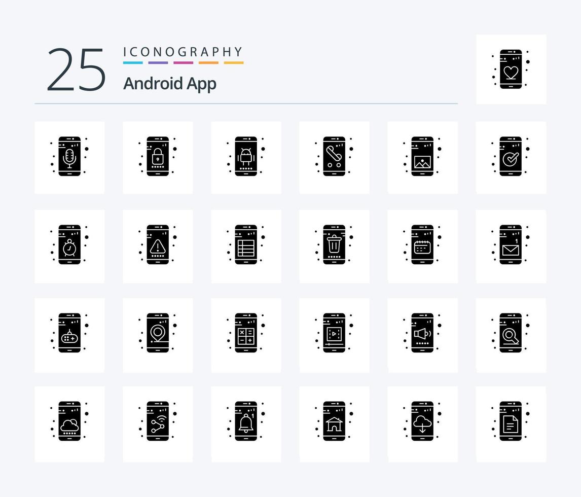 android app 25 solide glyph icoon pak inclusief app. telefoon. androïde. mobiel. app vector