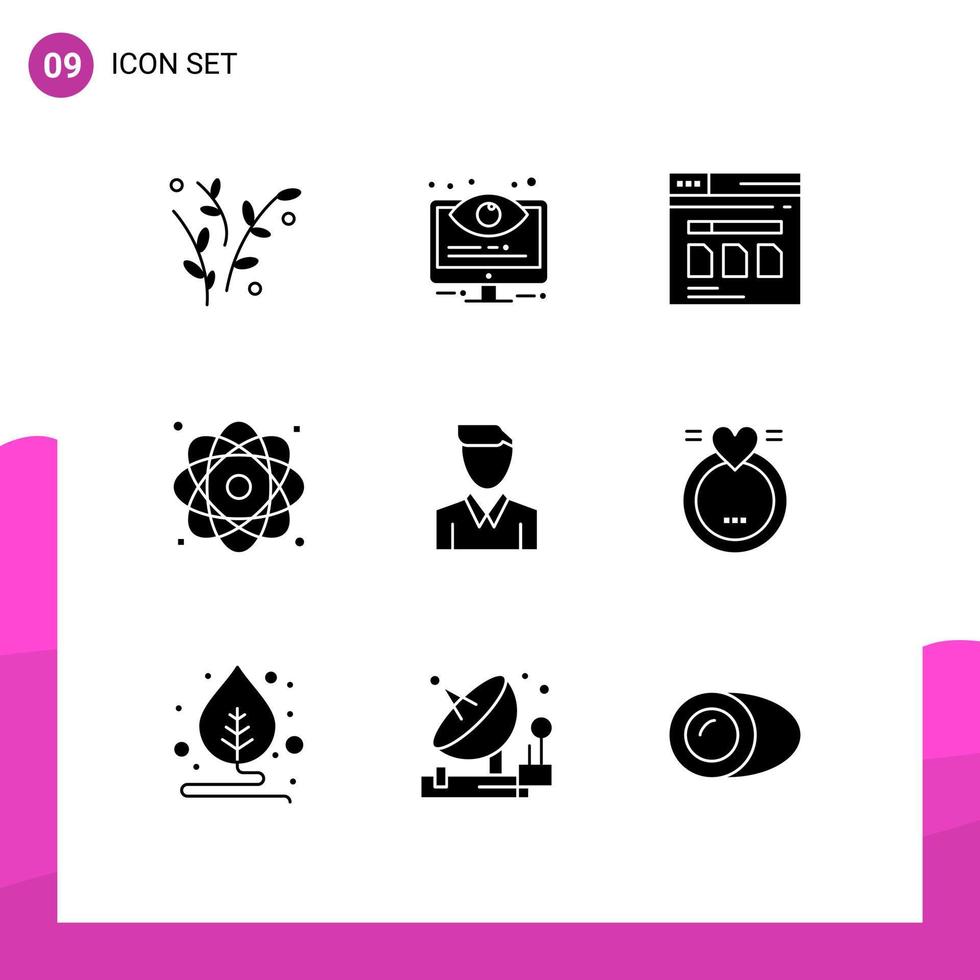 modern reeks van 9 solide glyphs pictogram van nucleair energie systeem atoom website bewerkbare vector ontwerp elementen