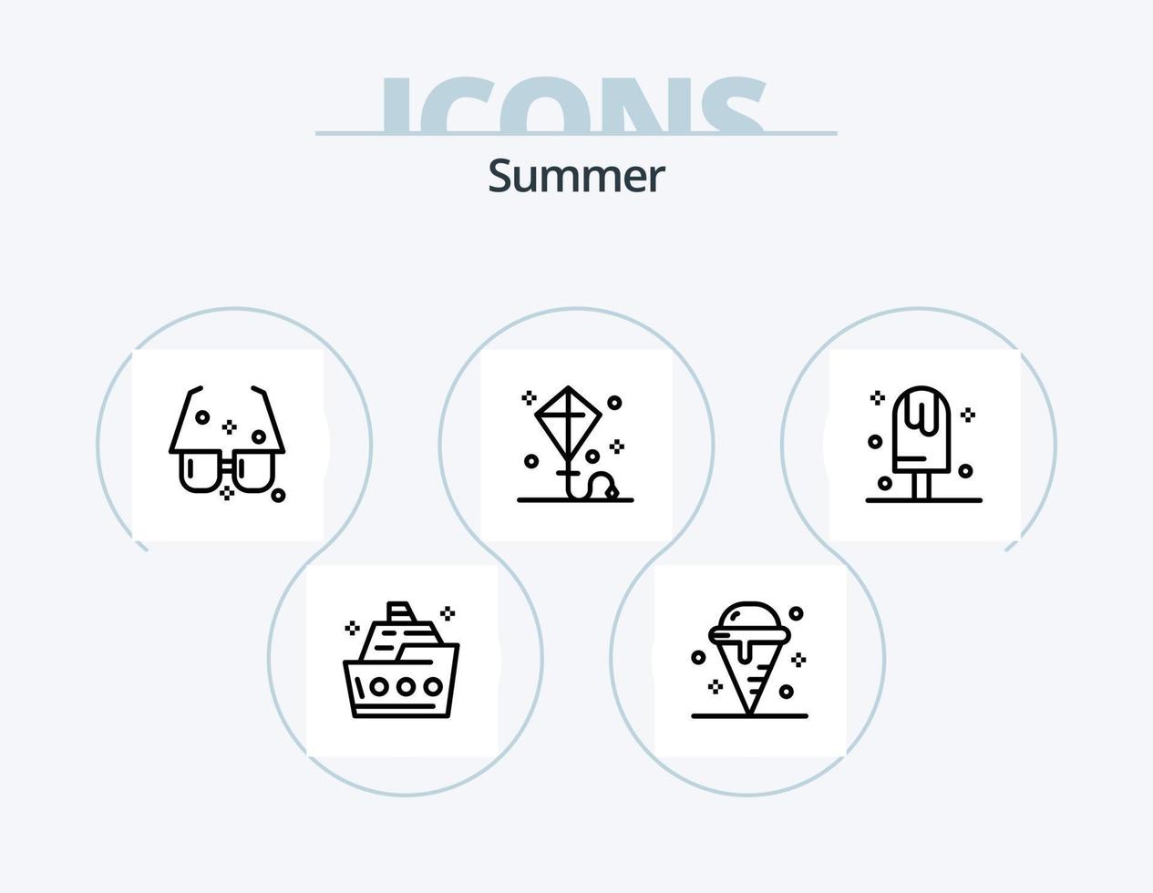zomer lijn icoon pak 5 icoon ontwerp. buitenshuis. landschap. zomer. surfplank. zomer vector