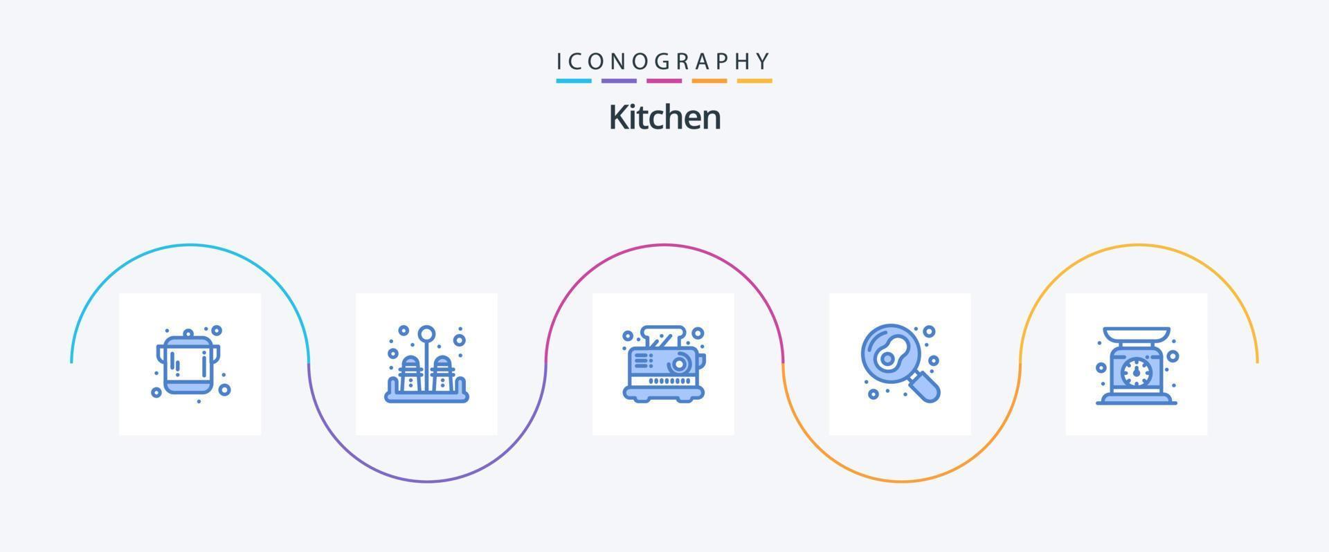 keuken blauw 5 icoon pak inclusief weging. machine. keuken. controleren gewicht. pan vector
