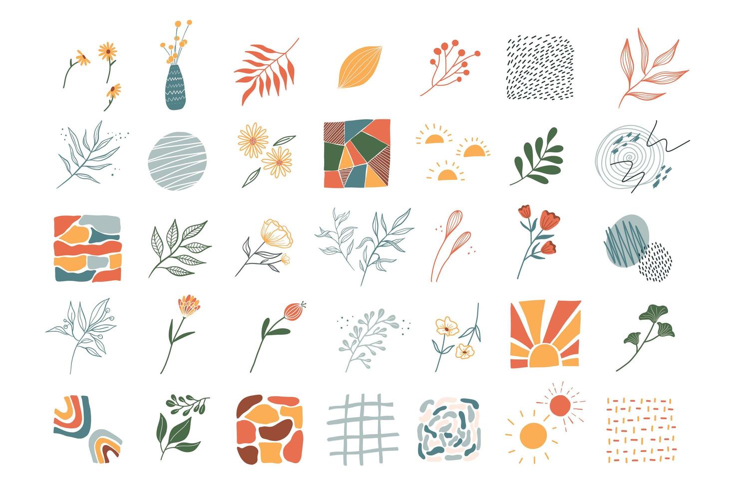 grote reeks bloemenelementen en krabbel abstracte vorm voor achtergrondinzameling vector