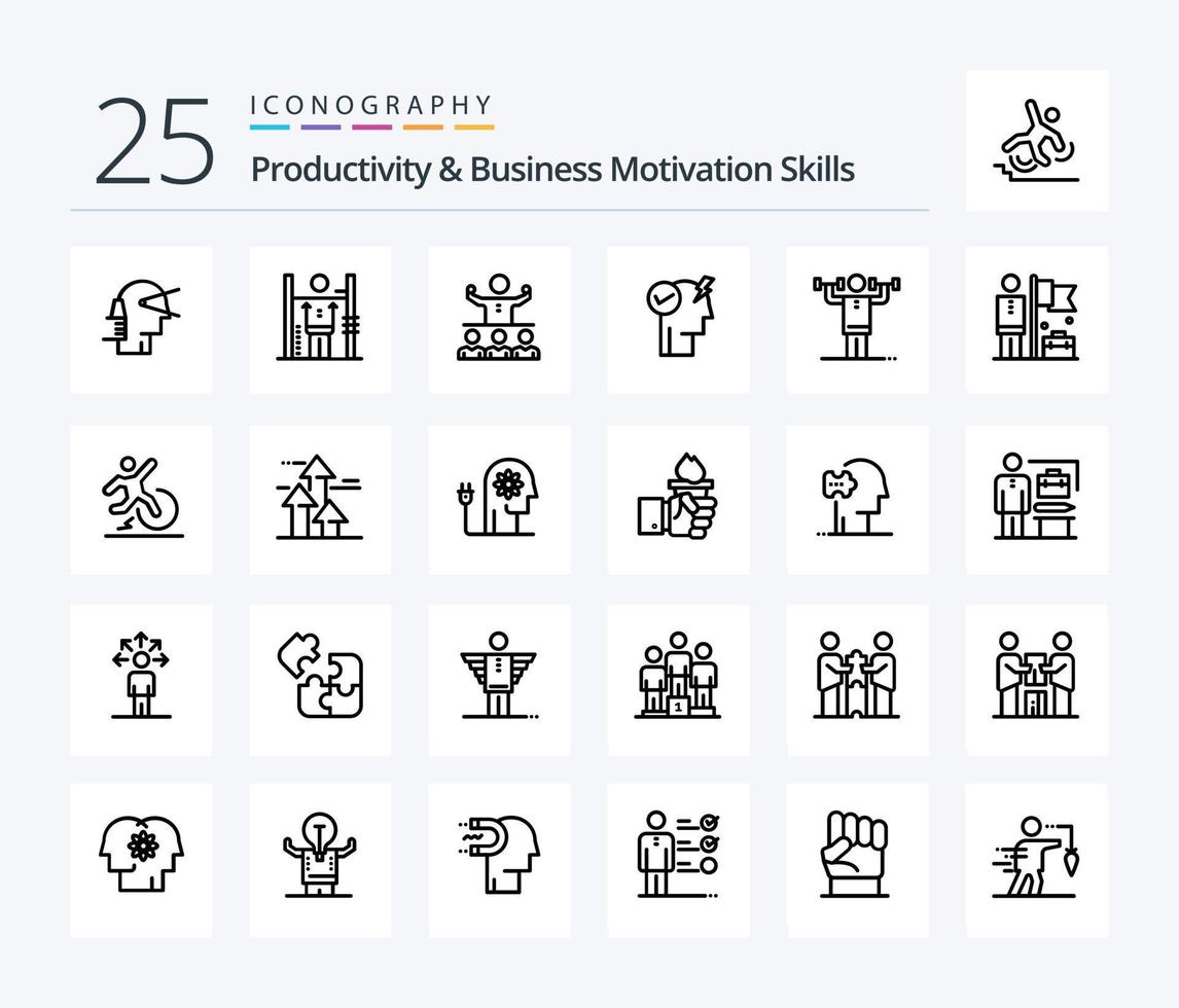 produktiviteit en bedrijf motivatie vaardigheden 25 lijn icoon pak inclusief stroom. brein. verbetering. team. mentor vector