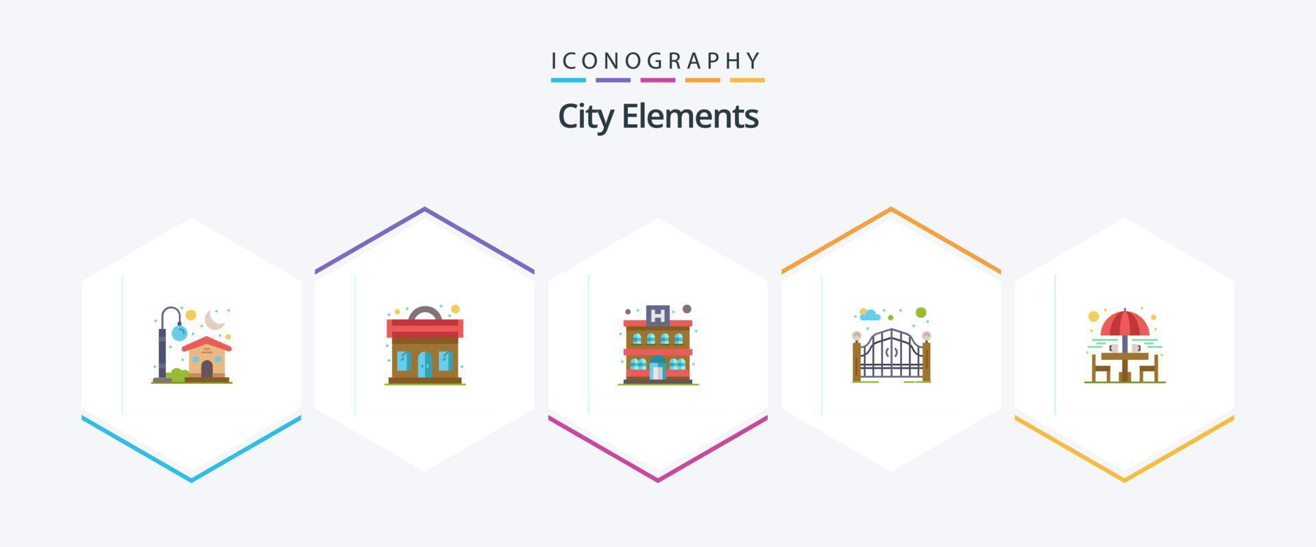 stad elementen 25 vlak icoon pak inclusief tuin. stoel. appartement. straat poort. poort vector