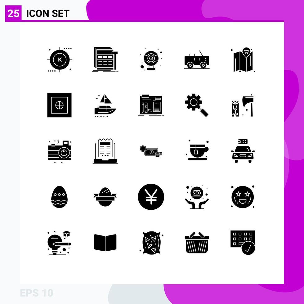 modern reeks van 25 solide glyphs pictogram van plaats leger webpagina jeep webcam bewerkbare vector ontwerp elementen