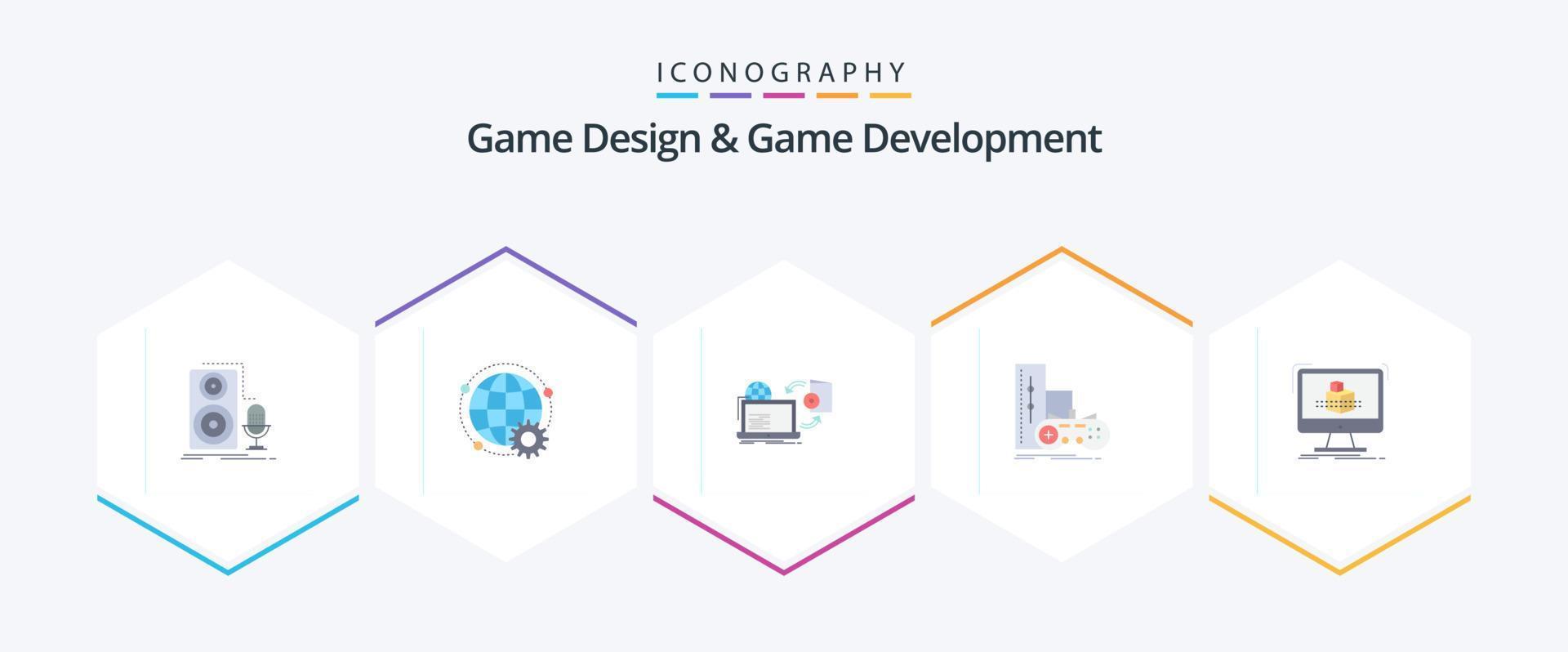 spel ontwerp en spel ontwikkeling 25 vlak icoon pak inclusief joystick. spel. wereldbol. publiceren. spel vector