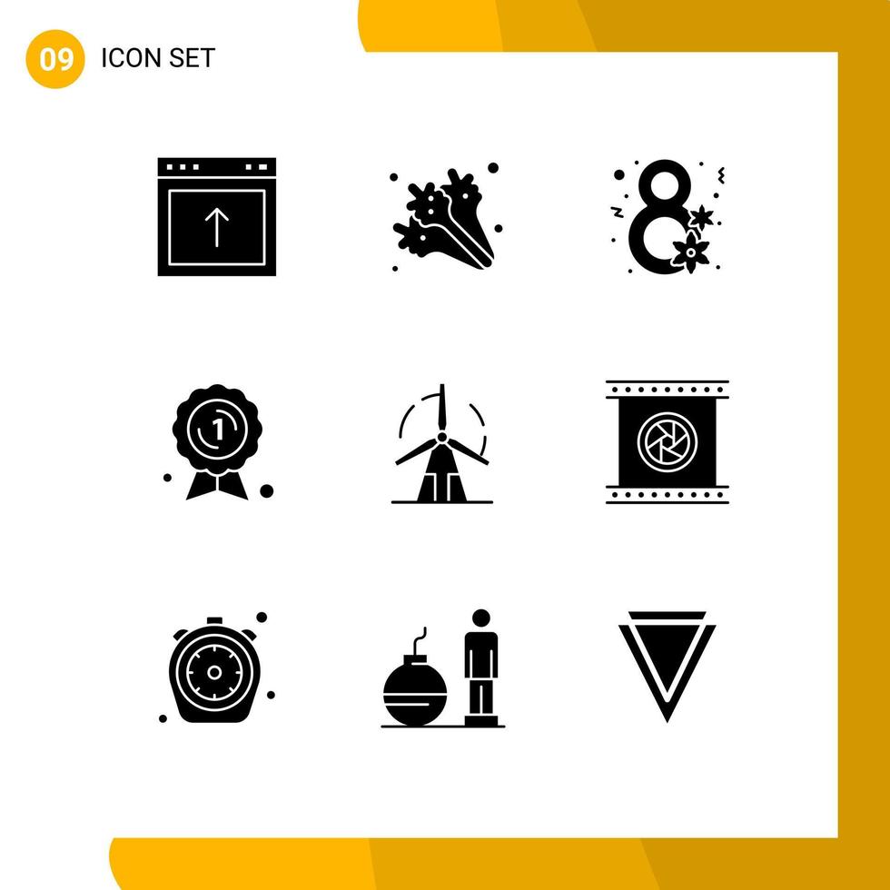 modern reeks van 9 solide glyphs pictogram van energie medaille dag insigne prijs bewerkbare vector ontwerp elementen