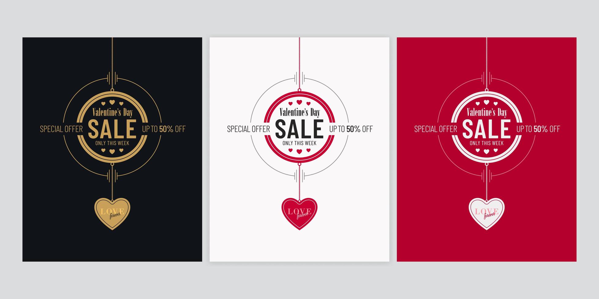 Valentijnsdag verkoop poster set met hart hangers set vector