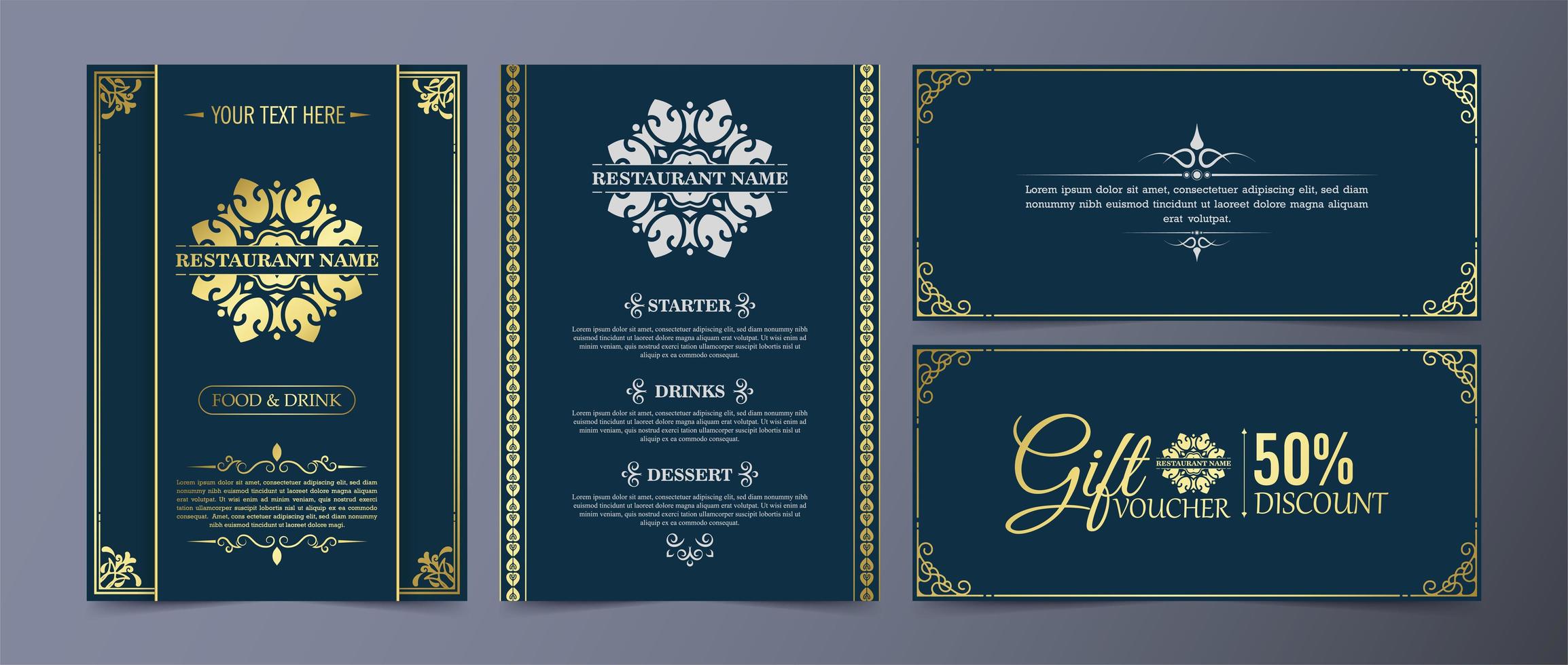 chique restaurantmenu met logo ornament set vector