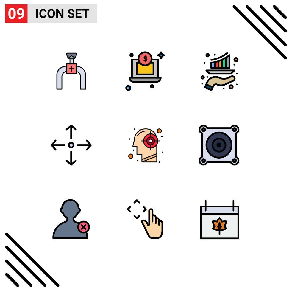 groep van 9 gevulde lijn vlak kleuren tekens en symbolen voor menselijk doel diagram vol scherm pijl bewerkbare vector ontwerp elementen