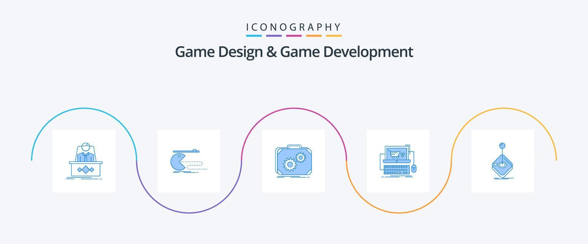 spel ontwerp en spel ontwikkeling blauw 5 icoon pak inclusief winkel. kar. gamen. werk. productie vector