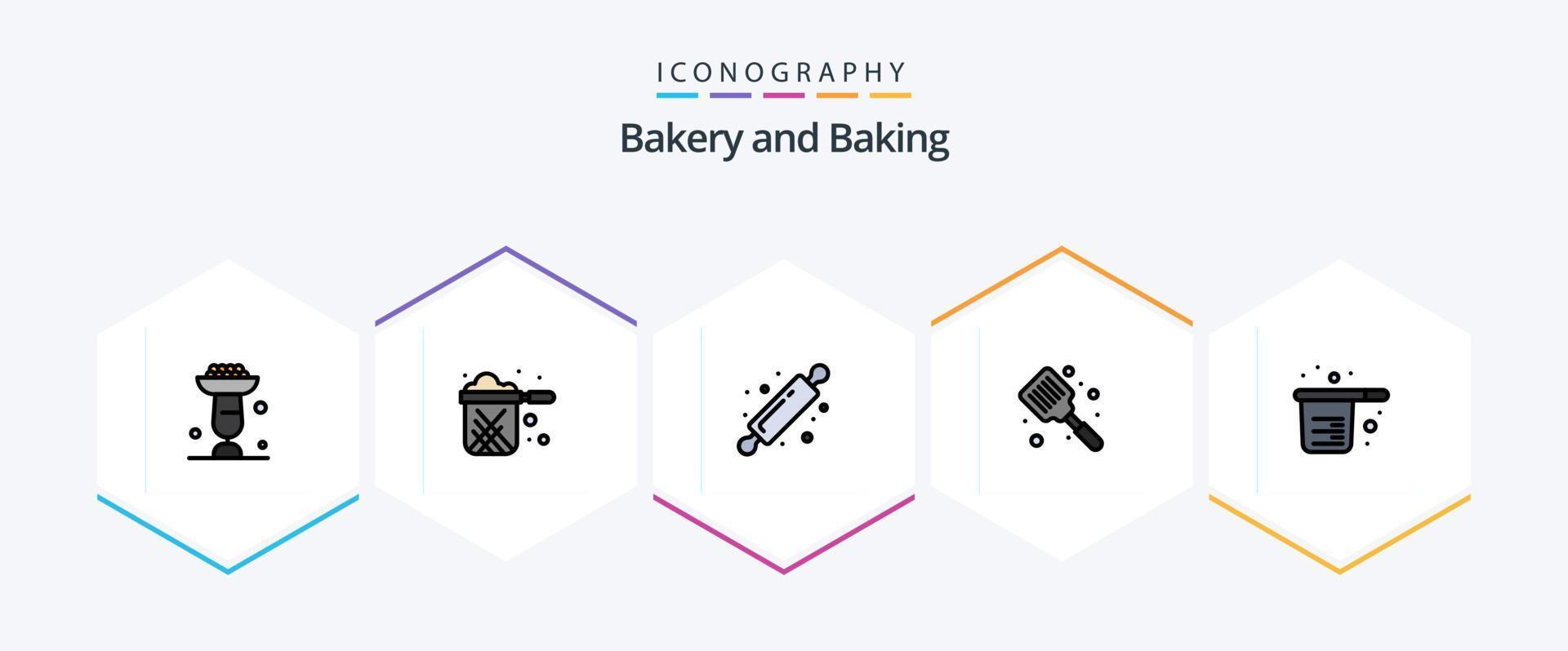 bakken 25 gevulde lijn icoon pak inclusief flipper. bakken. restaurant. gebakken. brood rol vector