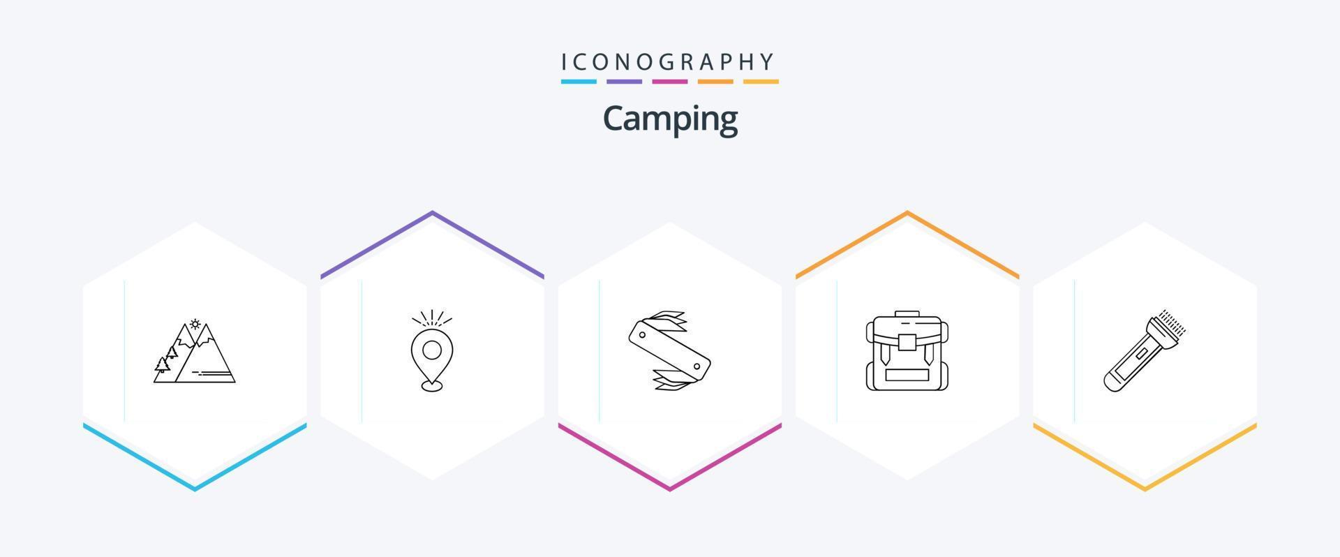 camping 25 lijn icoon pak inclusief rits. tas. vakantie. zak. camping vector